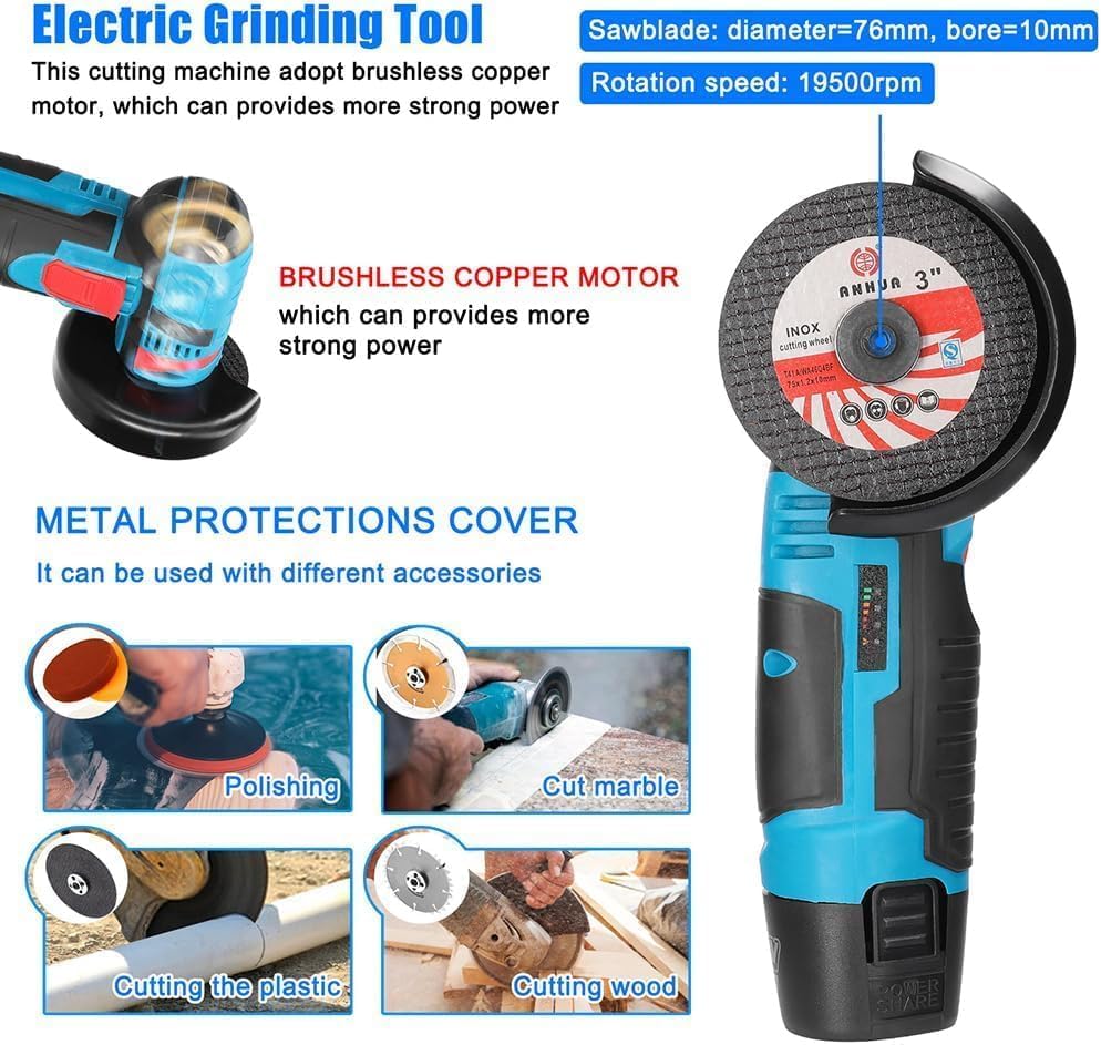 Image of Cordless Mini Angle Grinder Machine with Rechargeable Battery | Portable Electric Grinder for Metal, Tile, Wood Polishing & Cutting with Spindle Lock and Toggle Switch-Blue