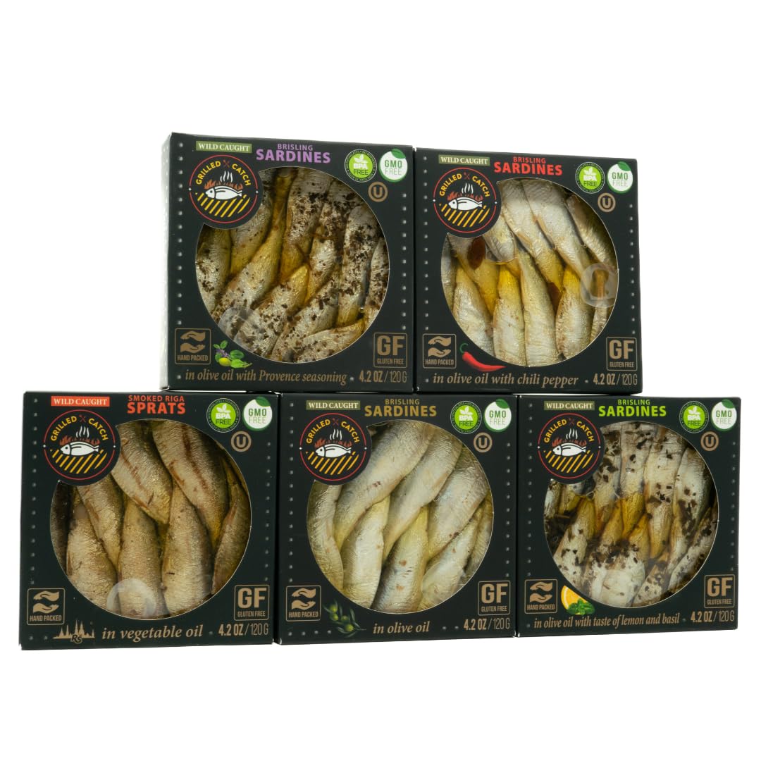 Grilled Catch - Canned Sardines Variety Pack 5 Flavor Sampler European Wild Caught Brisling Sardines in Olive Oil, 4.2 oz Sustainable seafood, Kosher, Hand Packed in Latvia