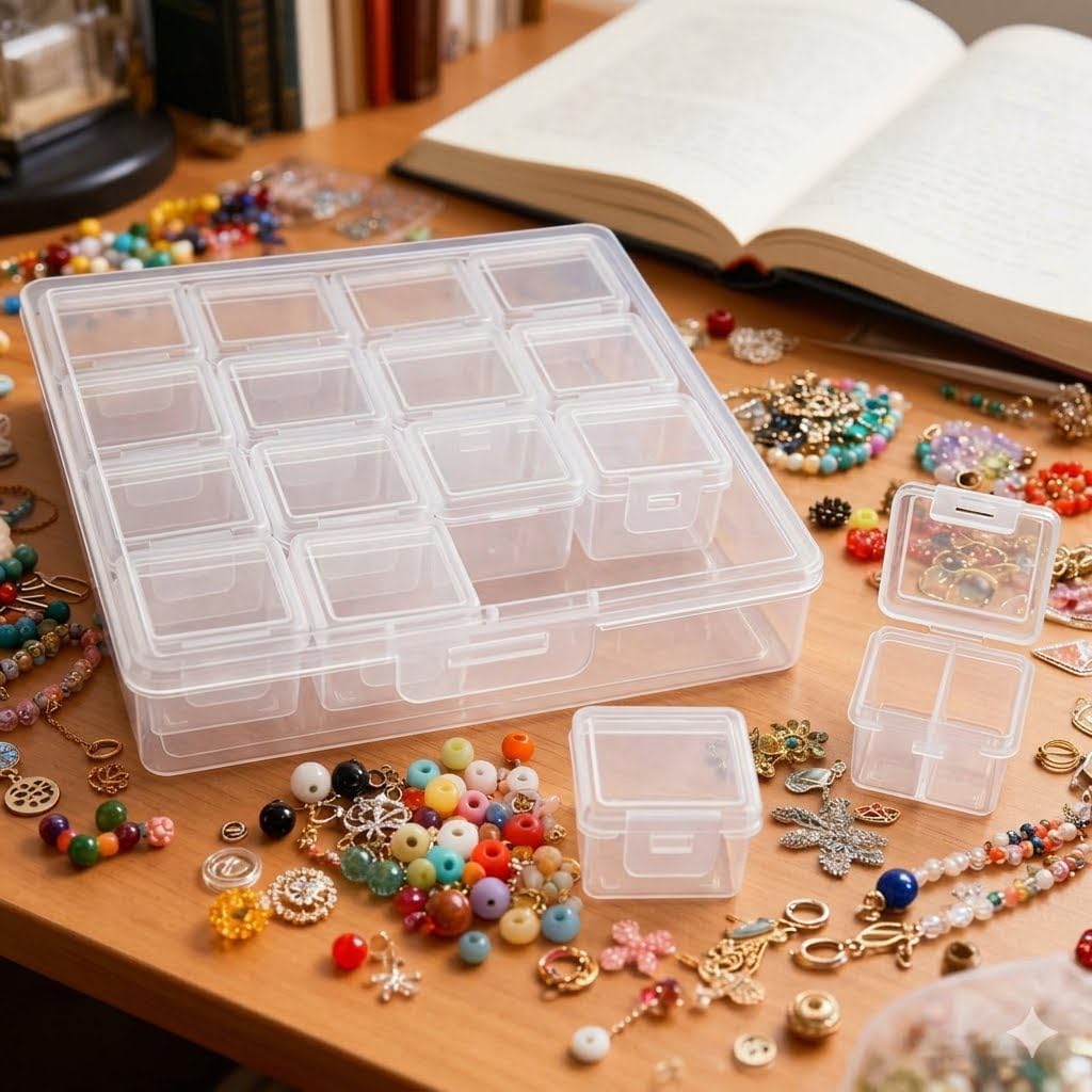 transparent bead storage box with multiple compartments for beads, jewelry making supplies, sewing accessories, art materials collection (pack of 16)