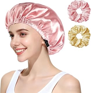 double layer satin hood silk hood for sleep sleep cap silk adjustable satin hair cap for women girls with curly natural hair | Silkesmössa för nattshår, dubbla lager, för kvinnor, lockigt hår, långt