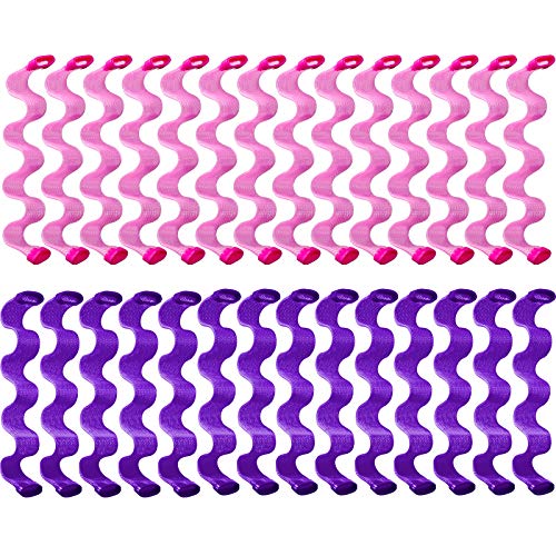 28 Pieces Hair Curlers Spiral Curls No Heat Wave Hair Curlers Styling Kit Spiral Hair Curlers with 2 Pieces Styling Hooks for Most Kinds of Hairstyles (Pink, Purple,30 cm)