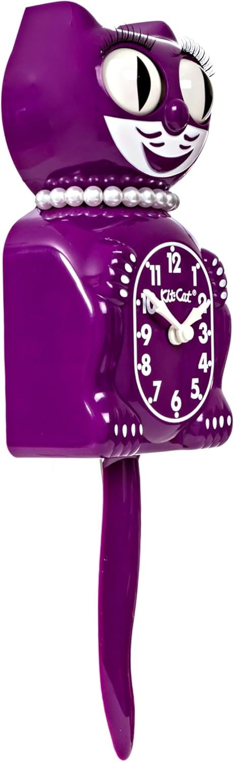 Kit-Cat Klock Limited Edition Boysenberry Lady with Pearl Necklace & Eyelashes - Cat Clock with Moving Eyes and Tail Wall Clock, Made in USA