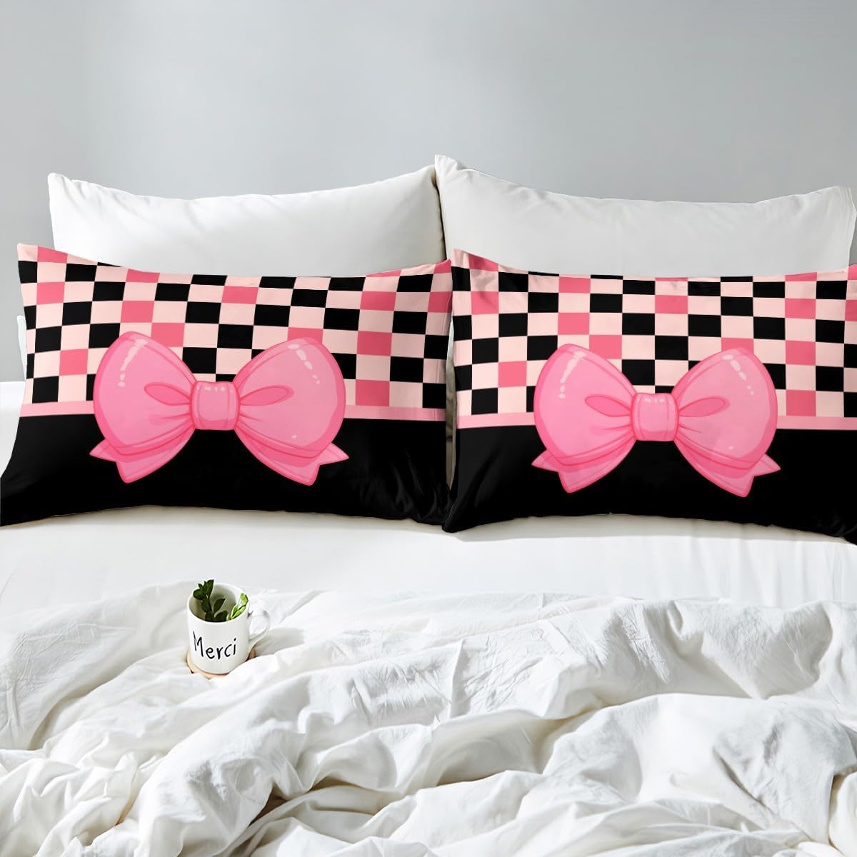 Manfei Cartoon Bowknot Fitted Sheet Set with 2 Pillowcase,Kawaii Bow-tie Princess Style Bed Sheet,Pink Black Cute Bow Geometric Grids Lines Patchwork Top Flat Sheet Luxury Microfiber,Queen Size