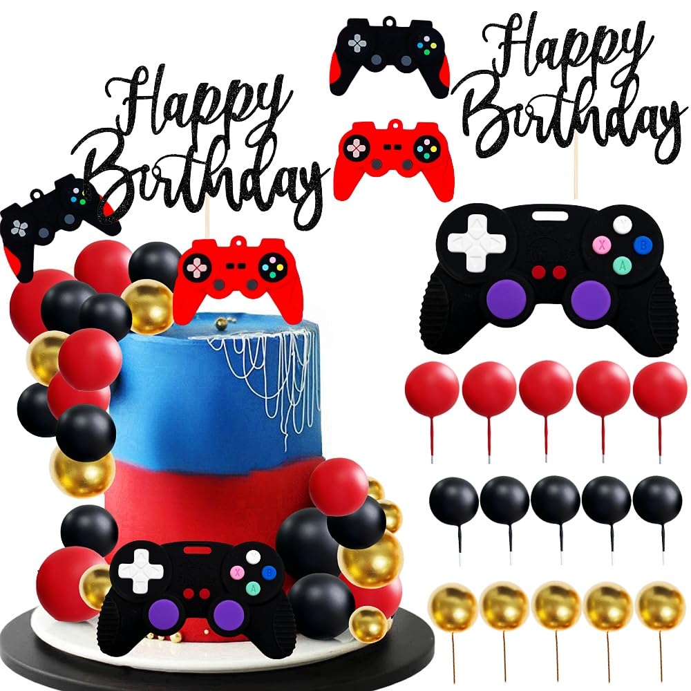 LAST HOE DOWN Video Game Cake Topper (15 x Ball, 1 x Controller, 1 x Happy Birthday, Red) for Video Game Birthday Parties