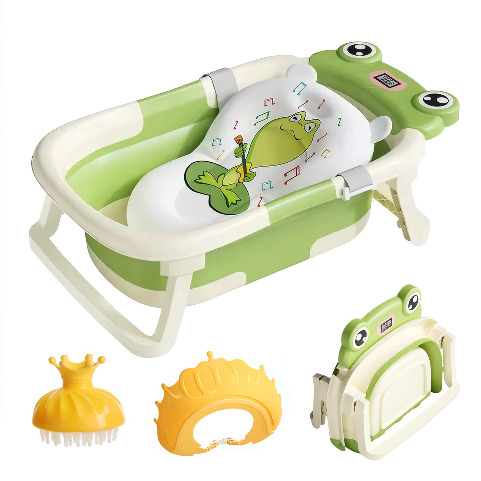 LiveGo Baby Bath Tub, Foldable Baby Bath for Infants to Toddler, Newborn Baby Bathtub with Thermometer & Floating Cushion, Baby Bath for 0-24 Months Newborns Infants and Toddler (Green Frog)