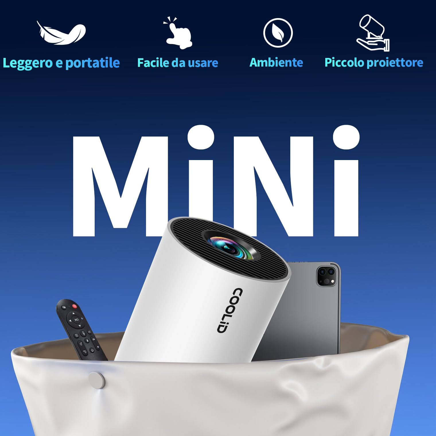 Mini Proiettore [App Integrata & 2026 Upgraded] Proiettore Portatile 4K 1080P con 5G WiFi 6 e BT 5.4 Supporta Rotativo 180° Correzione Trapezoidale Automatica Applicabile TV Stick/USB/HDMI,Bianco