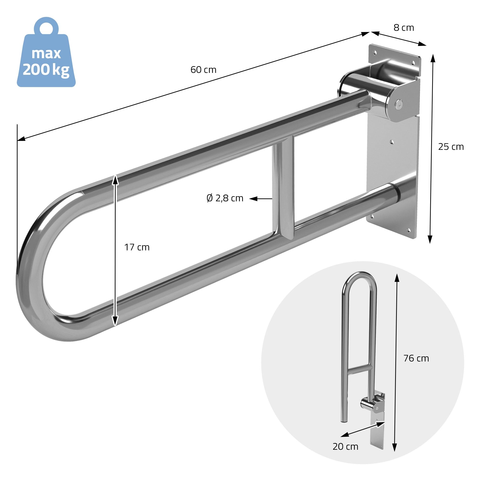 ML-Design Barra para WC, Apoyo para Inodoro Abatible para Personas Mayores y Movilidad Reducida, 60cm, Acero Inoxidable, Soporte Plegable de Levantamiento, Asidero de Seguridad para Baño, Carga 200kg
