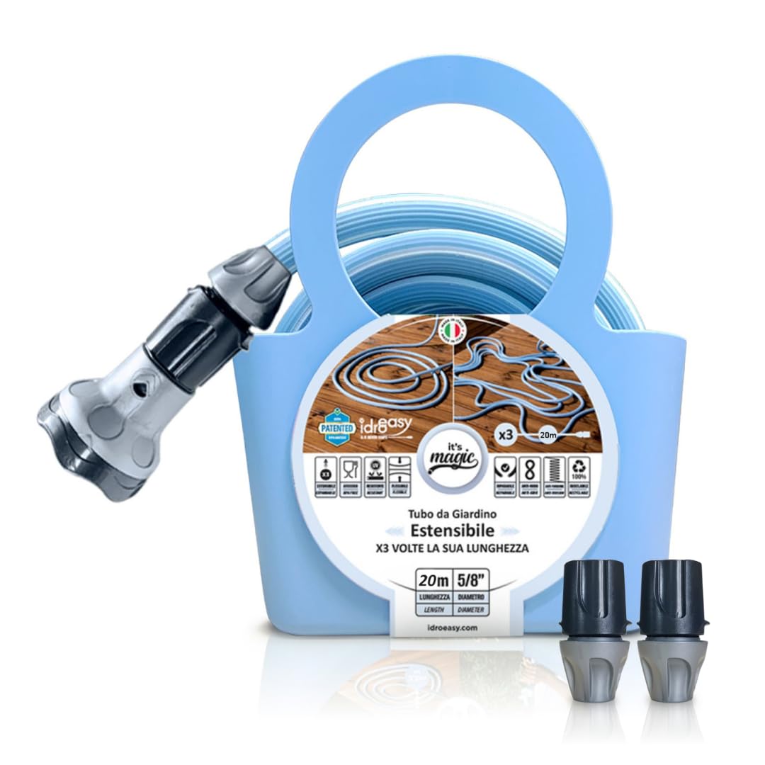 Idroeasy, manguera de jardín extensible de 20 metros, 5/8" de diámetro, manguera de riego extensible de 3 vías, resistente a nudos y torsiones, no tóxica, diseño azul pastel suave, Made In Italy