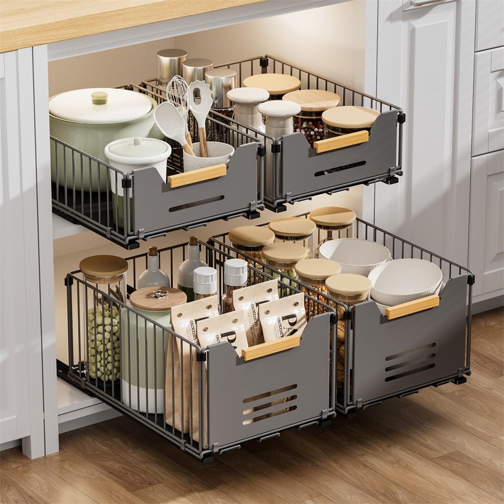 Cesta deslizante extraíble para cocina, organizador de estantes deslizantes, acero al carbono y madera, 37,5 x 24,5 x 12 cm, color negro/blanco y blanco
