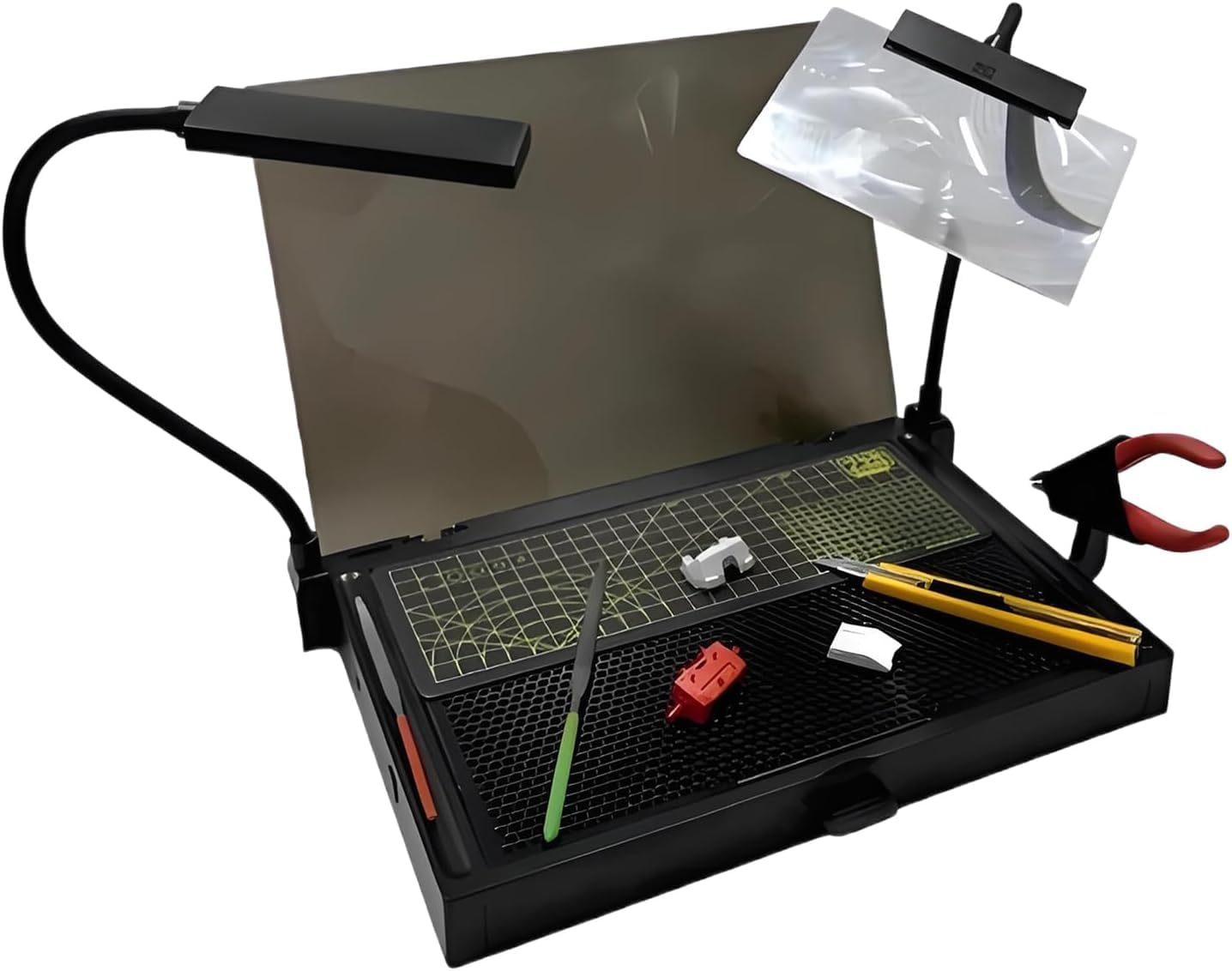 Postazione di lavoro di precisione per modelli hobby, banco da lavoro portatile con luce e lente d'ingrandimento, ideale per progetti di artigianato e costruzione