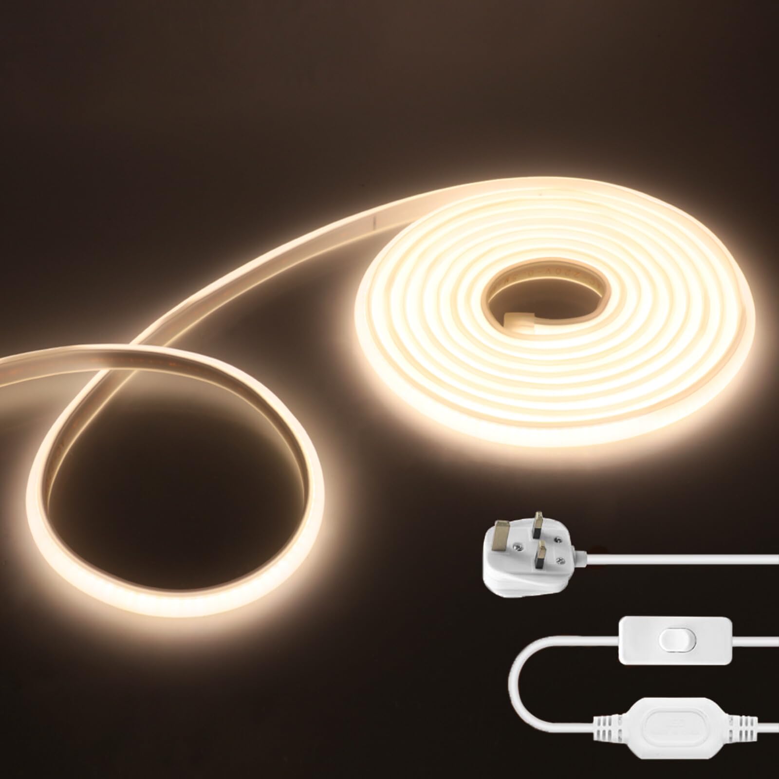 KAFULA 220V COB LED Neon Strip with On/Off Design [1M，Natural White 4000-4500K], IP65 Waterproof Flexible, 288 LEDs/m FCOB LED Strip CRI85+, Cuttable Every 50cm, Home/Store Decorative Lighting — image 1