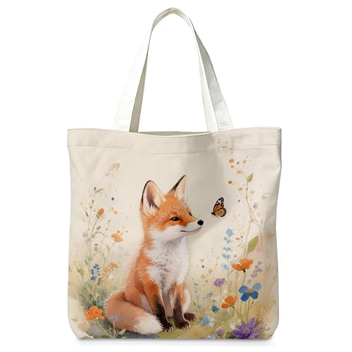 Cute Fox Canvas Tote Bag for Women Girls Fox Lovers,