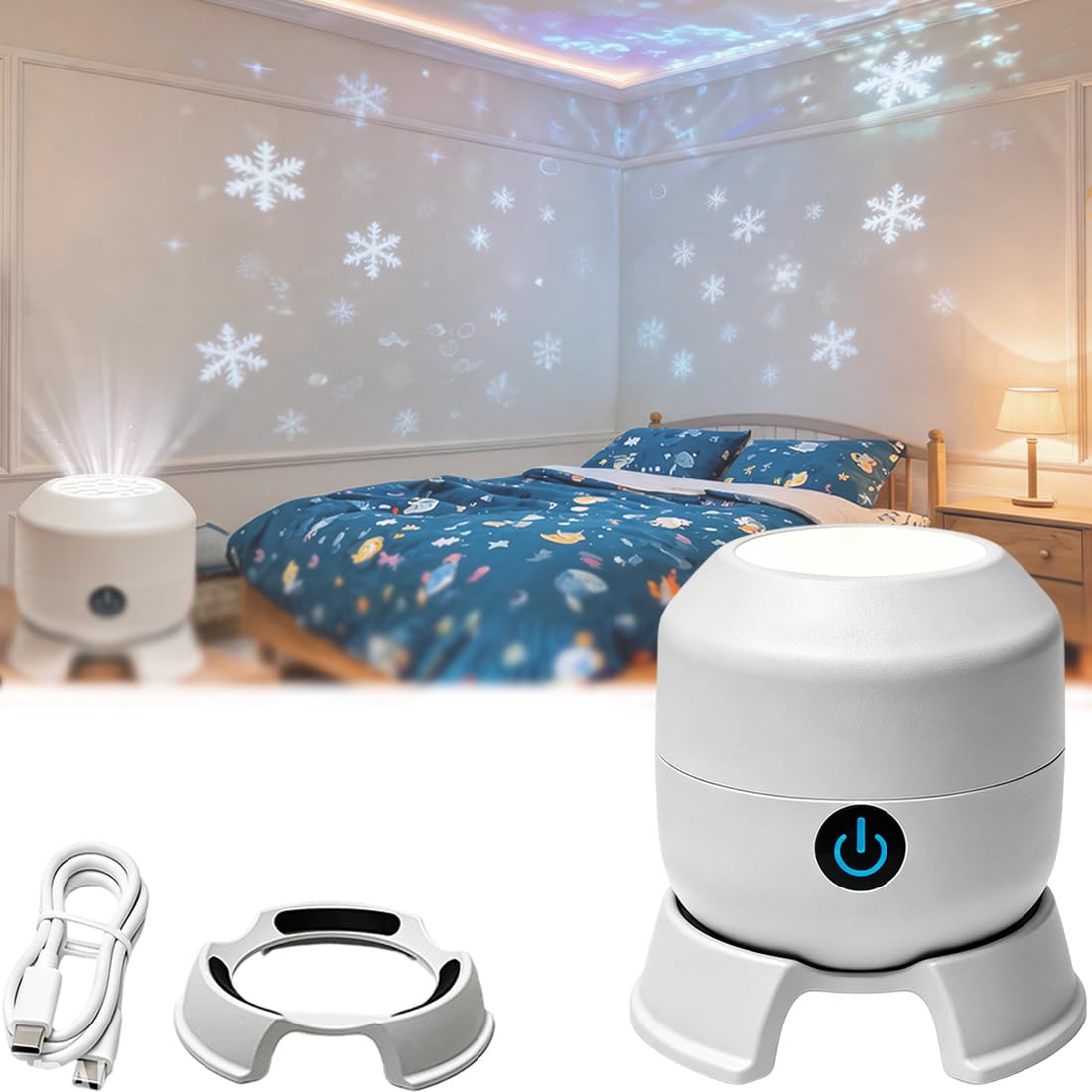 Dynamic Rotating Led Projector Light, 360°Led Starry Ocean Projection Light with 3 Themes, Dimmable USB Rechargeable Ambient Lamp for Bedroom Home Theater Party Meditation Kids Gift (1# Snowflakes)