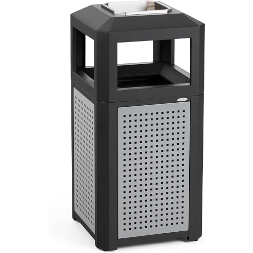 Safco Evos Steel Trash Can, 15 Gallons, Indoor and Outdoor Use, Heavy Duty Garbage Can with Plastic Liner and Ashtray