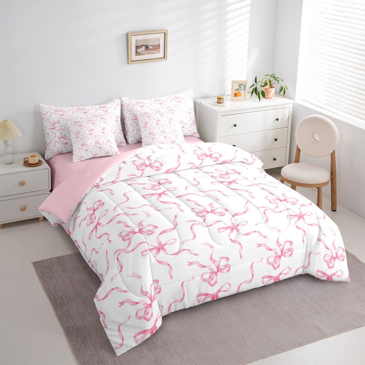 Erosebridal Princess Bow 7 Piece Bedding Set King Coquette Bowknot Comforter Set with Sheets Girly Coquette Aesthetic Bed in a Bag Pink Kawaii Ribbon Bed Sets Fantasy Tie Comforter