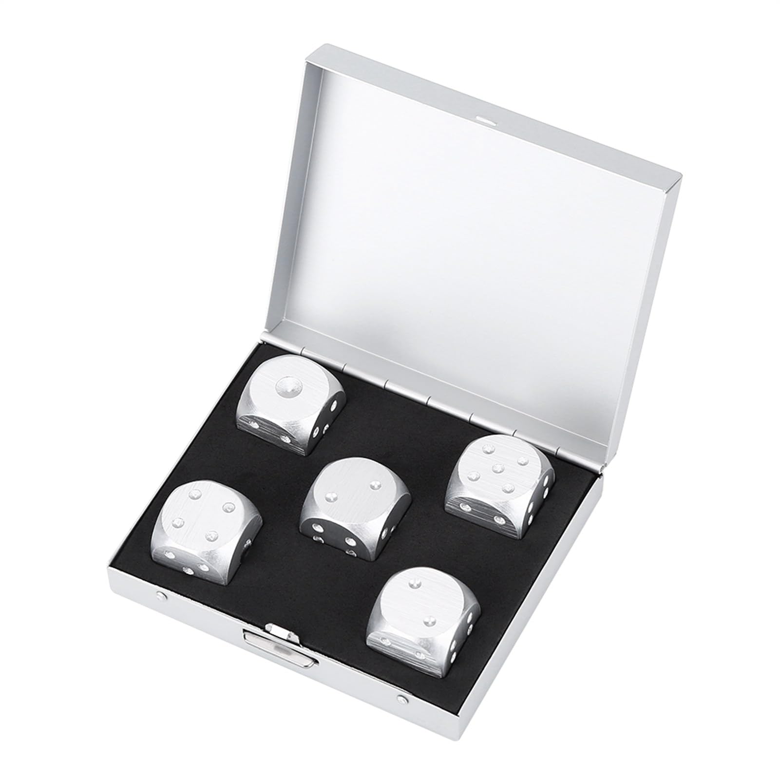 Hapivida 5pcs Metal Dice Set, Aluminium Alloy Dice with Metal Case 6 Sided Dice, Square, Silver