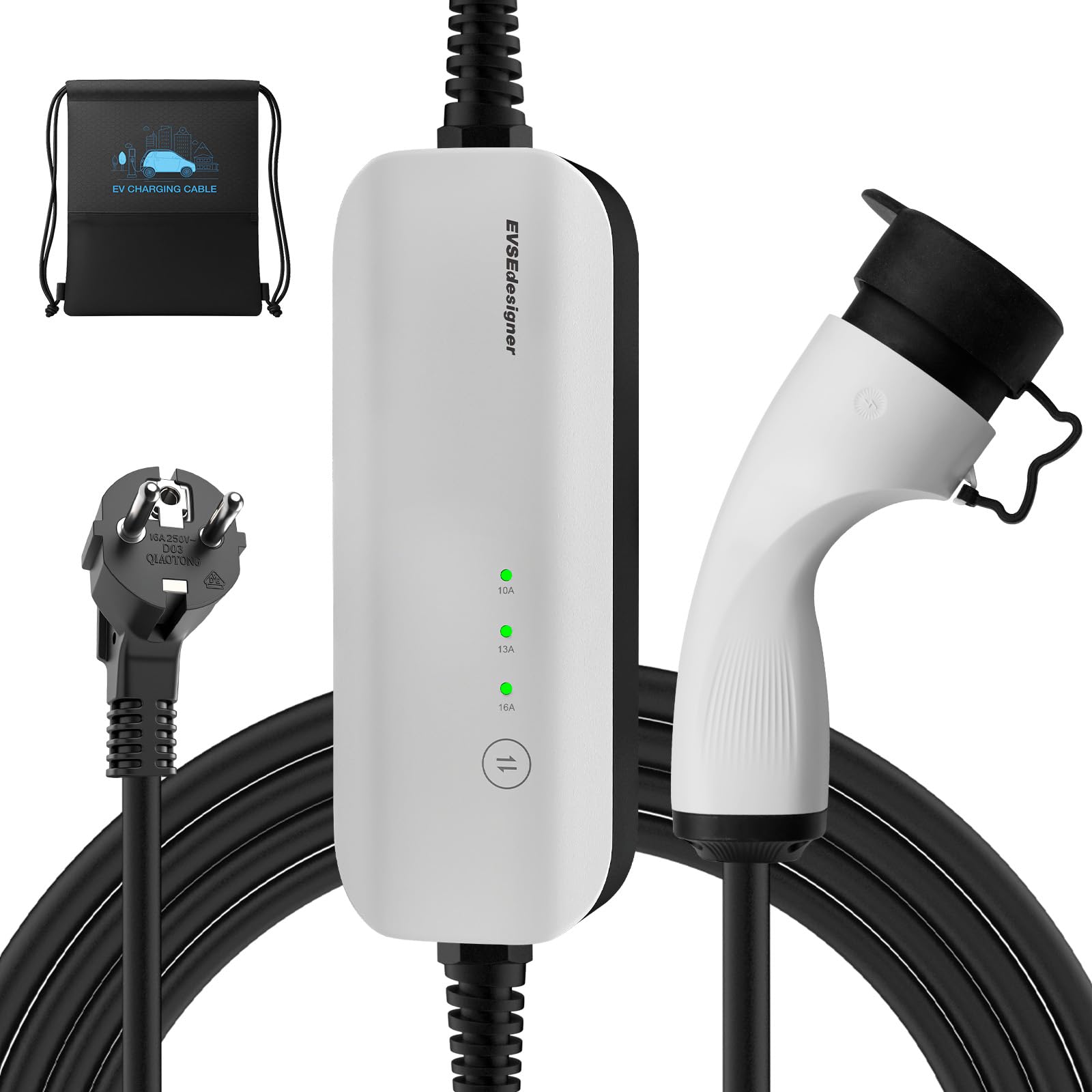 EVSEdesigner Typ 2 Ladekabel Schuko Mobile Wallbox 3,6kW Einstellbarer Strom 10/13/16Ampere mit Tragetasche für alle Elektrofahrzeuge und Plug-in-Hybridfahrzeuge 1-phasig 6m