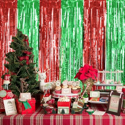 Image of TONIFUL 3Pcs Red Green Door Streamers,Red GreenPhoto Booth Backdrop Metallic Streamers Foil Fringe Curtains for Birthday,Christmas,New Year,Bachelorette,Grad Party Streamers Decor(9.9ft x 6.6ft)