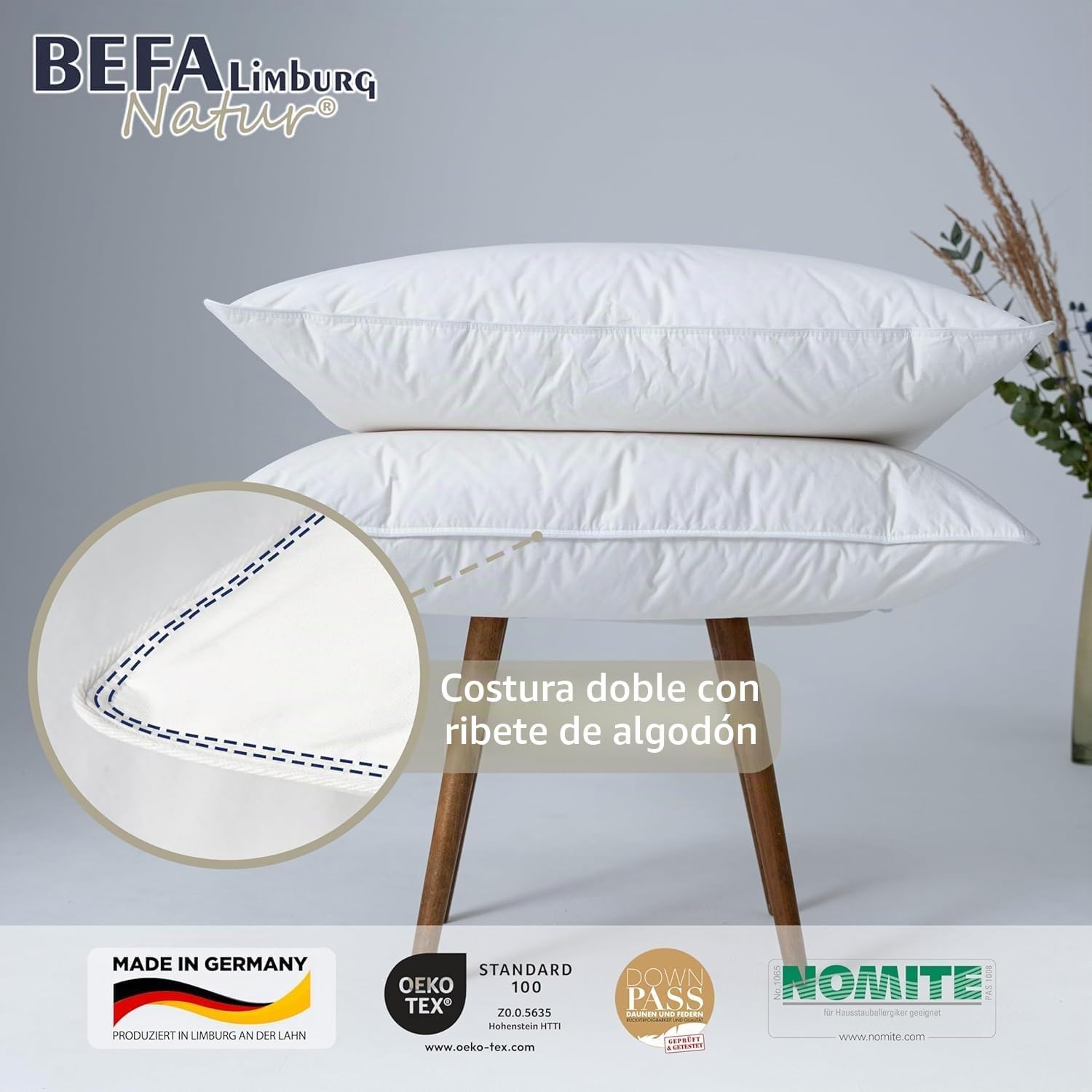 BEFA NATUR Almohada de plumón 50x70 cm (2 Unidades) | Almohada de 3 cámaras | 90% plumón y 10% Plumas | Apta para alérgicos (NOMITE) | Certificada DOWNPASS | Oeko-Tex Clase 1