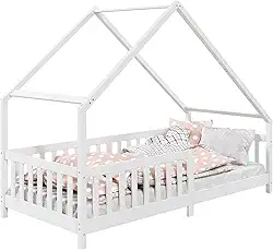 IDIMEX Cama Montessoriana Madeira Maciça Casa com Estrado Cora (Branco)