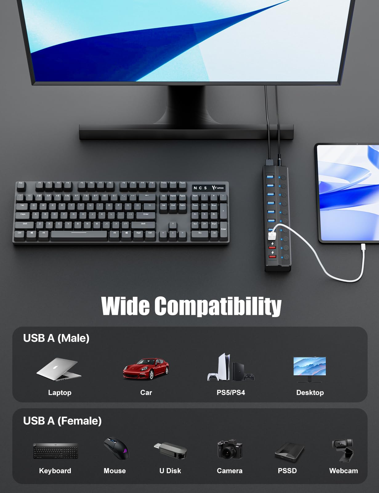 ONFINIO Hub USB alimenté par alimentation, hub répartiteur USB à 10 ports (7 ports de transfert de données plus rapides + 3 ports de charge intelligents) avec interrupteurs LED