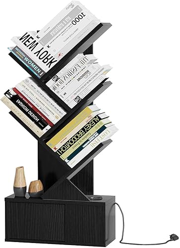 Miniatura 1 de Vagusicc Estantería de árbol de 4 niveles, pequeña estantería retro con estación de carga, estante de almacenamiento moderno de madera para cd,