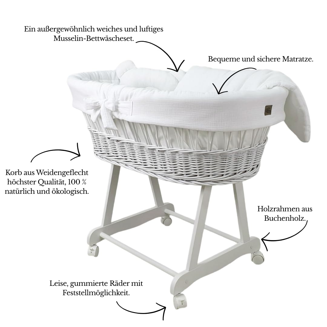 WIKLINOPOL Moisés Bebé con Ruedas y Freno – Cesta de Mimbre Natural con Colchón y Ropa de Cuna de Algodón 100% Oeko-Tex en Blanco– Set Completo para Recién Nacidos – Modelo Amelia