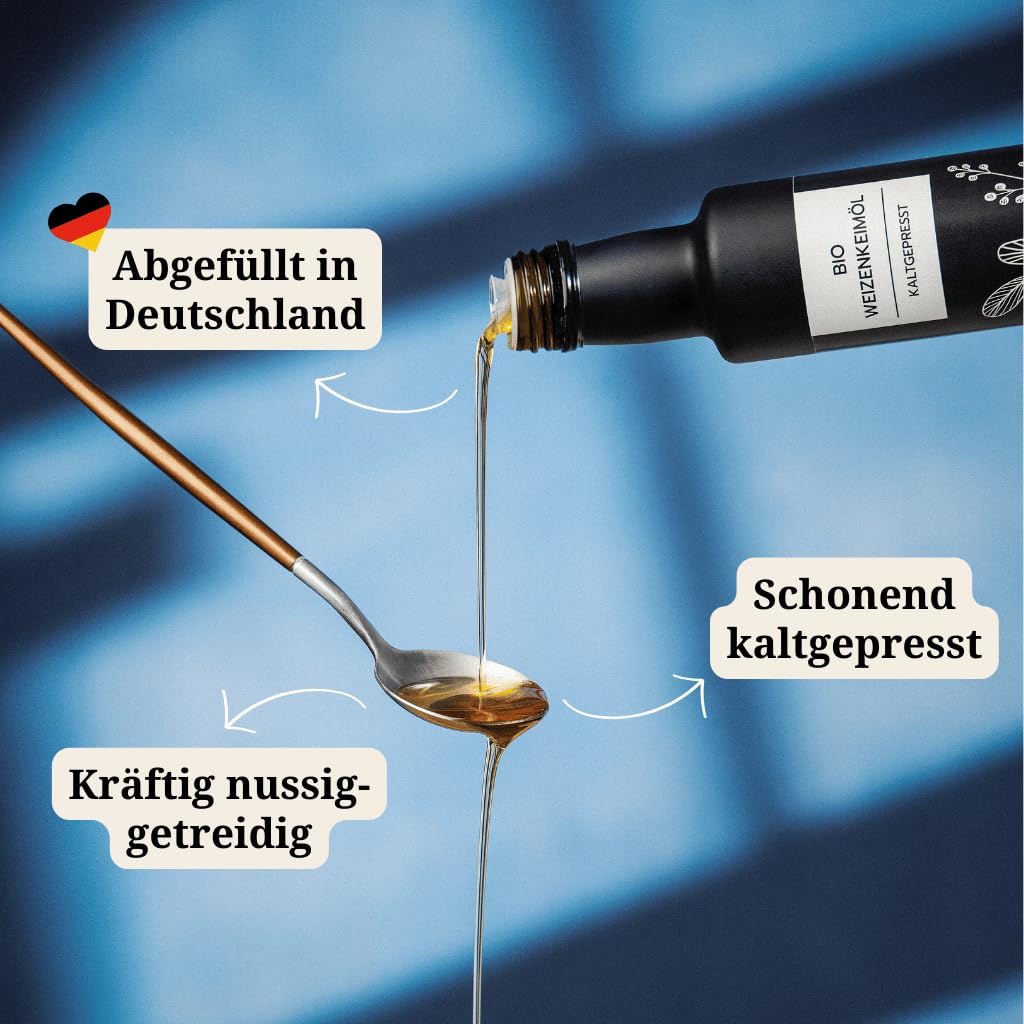 Natulio Bio Weizenkeimöl kaltgepresst 250ml - zur Ernährung sowie zur Hautpflege geeignet - reich an Omega 3 Fettsäuren und Vitamin E - zertifiziert nach DE-ÖKO-006