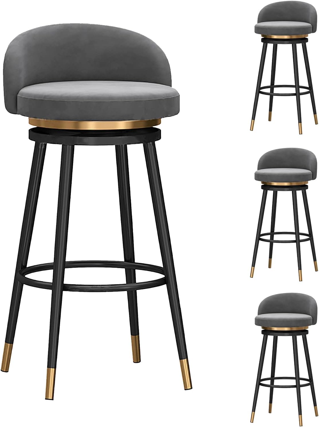 AYCDL Modern Velvet Bar Stool Set of 4 with Backs Footrest and Counter Height Options Stylish Kitchen Breakfast Bar Stools,Grey-Seat height 75cm