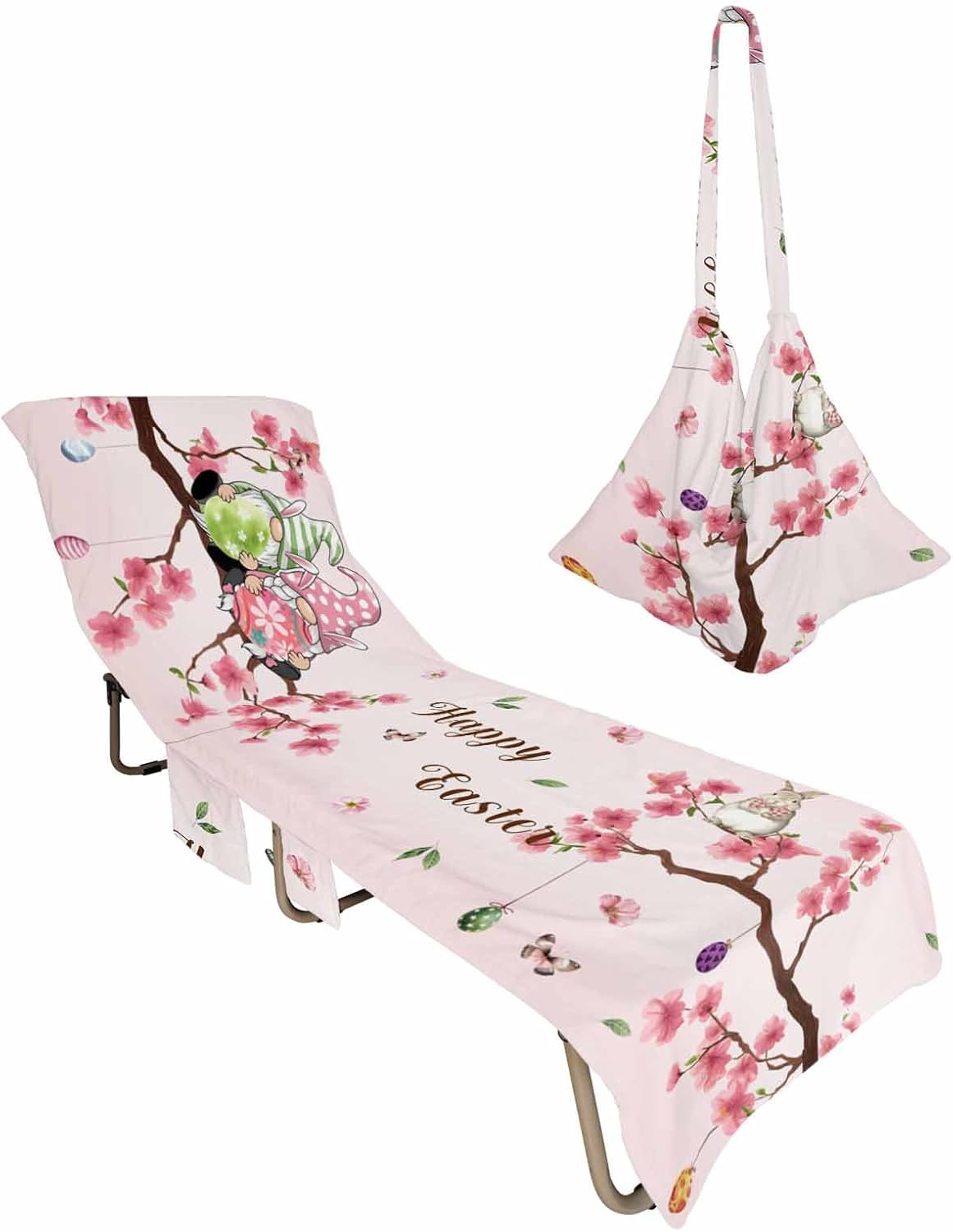 Easter Beach Pool Patio Lounge Chaise Chair Cover Towel With Pockets,Absorbent & Quick Dry Microfiber Towel Cover Bag Summer Accessories for Sunbathing Pink Spring Gnomes Eggs Bunny Cherry Blossom