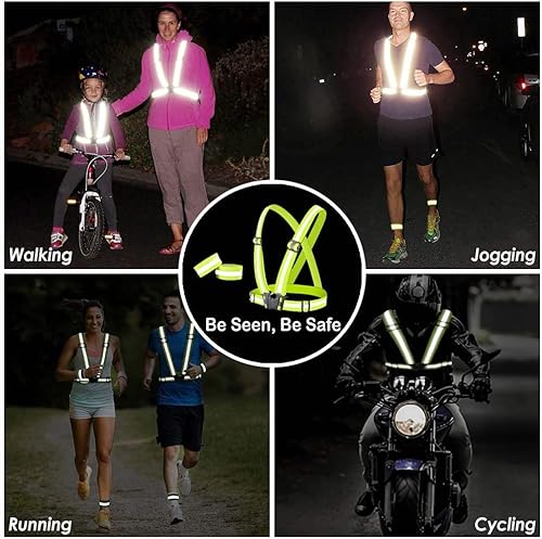 Miniatura 7 de Chaleco reflectante para correr, paquete de 2 unidades, ajustable de alta visibilidad para ciclismo nocturno, senderismo, trotar
