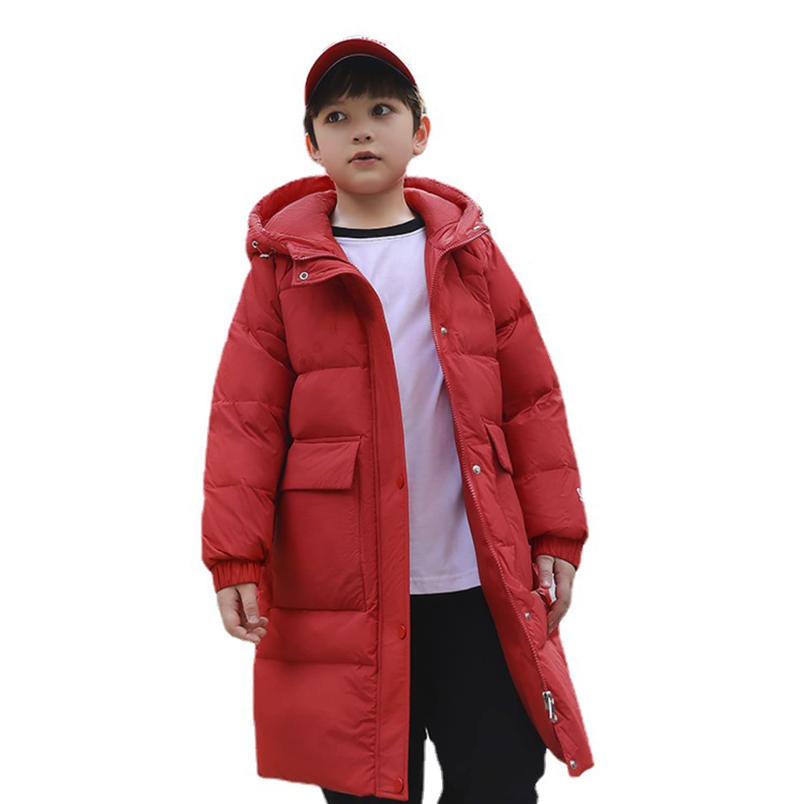 Abbigliamento per Bambini Piumino D'Anatra Bianco Ragazzi e Ragazze Vestiti Invernali Addensato Giacca Calda Anti-Freddo Antivento Grande Tasca,Red,8T(140CM)