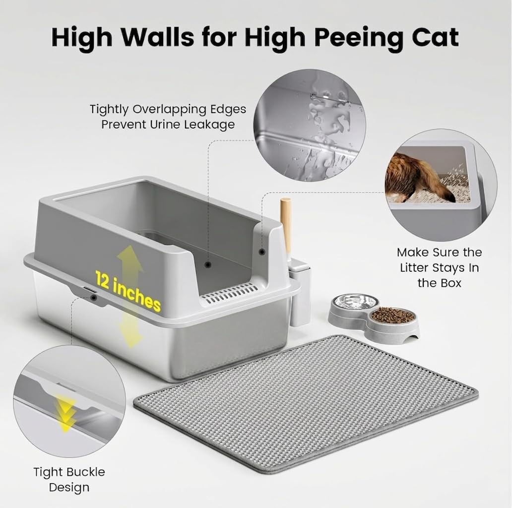 Stainless Steel Cat Litter Box - Enclosed XL Metal Kitty Litter Box with Lid for Big Cats, High Sided, Anti-Leakage, Easy Cleaning, Non-Sticky, Included Litter Mat, Cat Bowl & Spoon - image 4