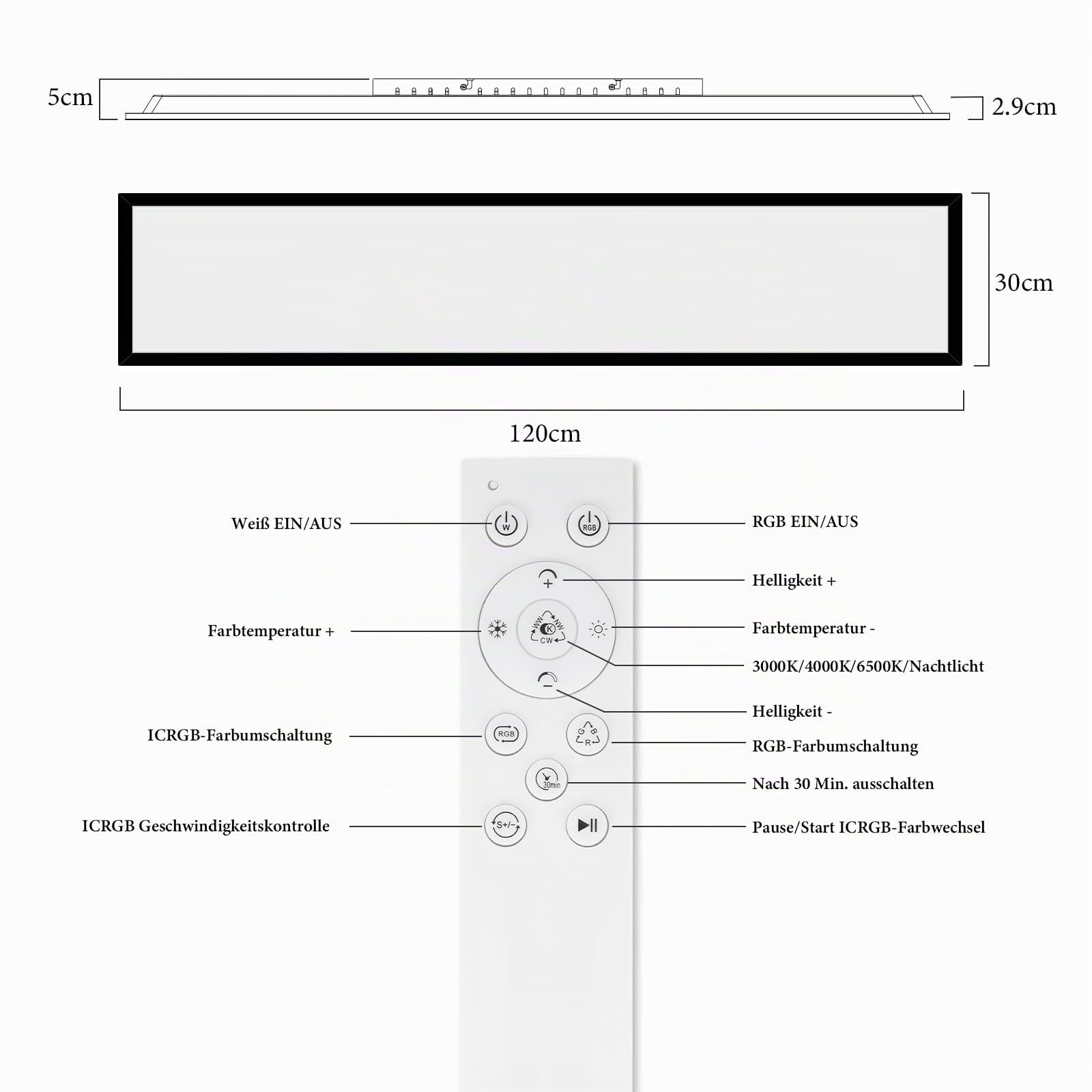 CBJKTX LED Panel 120x30 Dimmbar - Deckenpanel Lang RGB Farbwechsel Büro | Deckenleuchte Flach mit Fernbedienung Bürolampe Decke 39W Schwarz Groß Rechteckig Deckenlampe für Wohnzimmer Korridor Garage