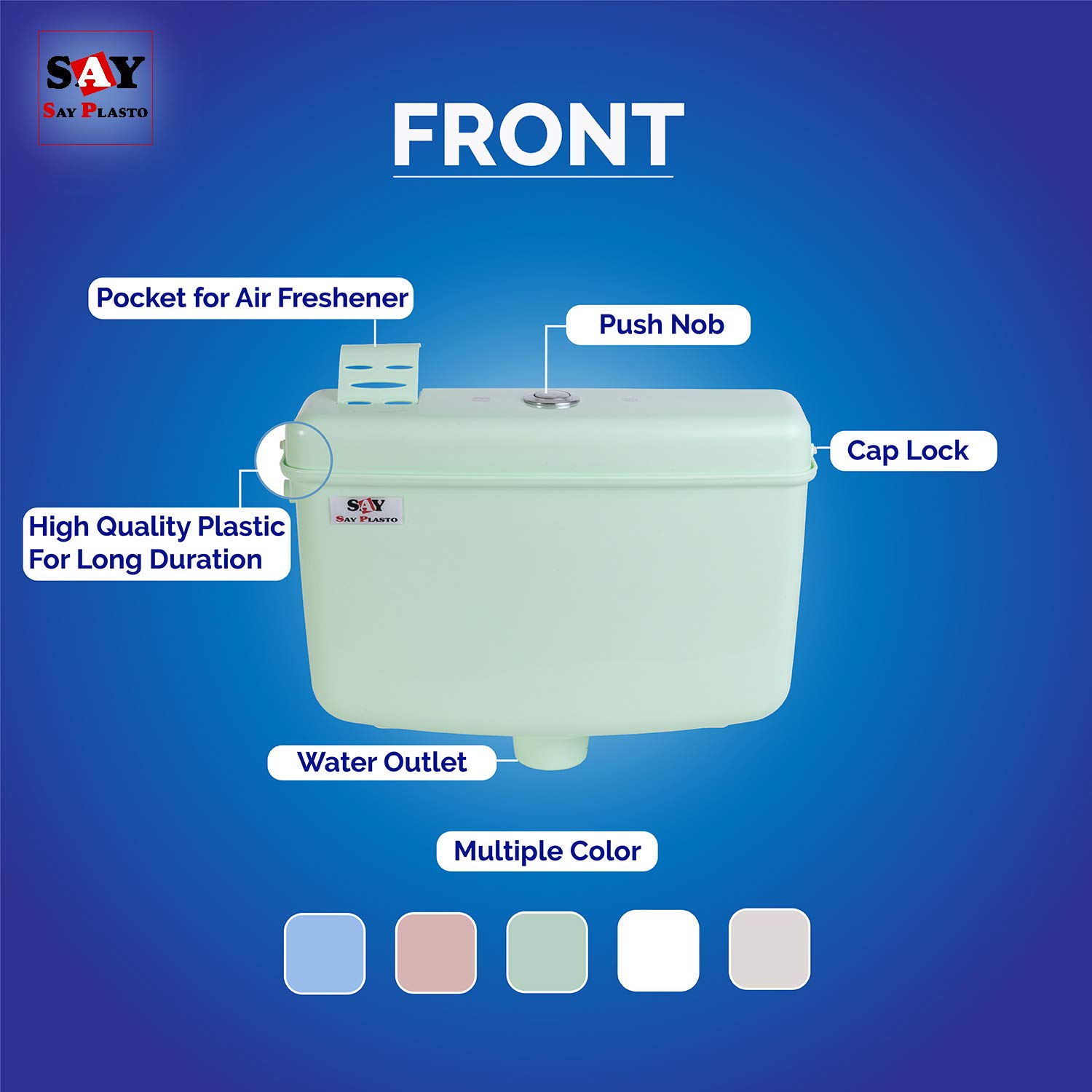 SAY PLASTO Flushing Cistern, Flush Tank, Center Push 10 LTR Capacity, Air Freshner Pocket, Polypropylene Smart PVC Cistern (Green) 3
