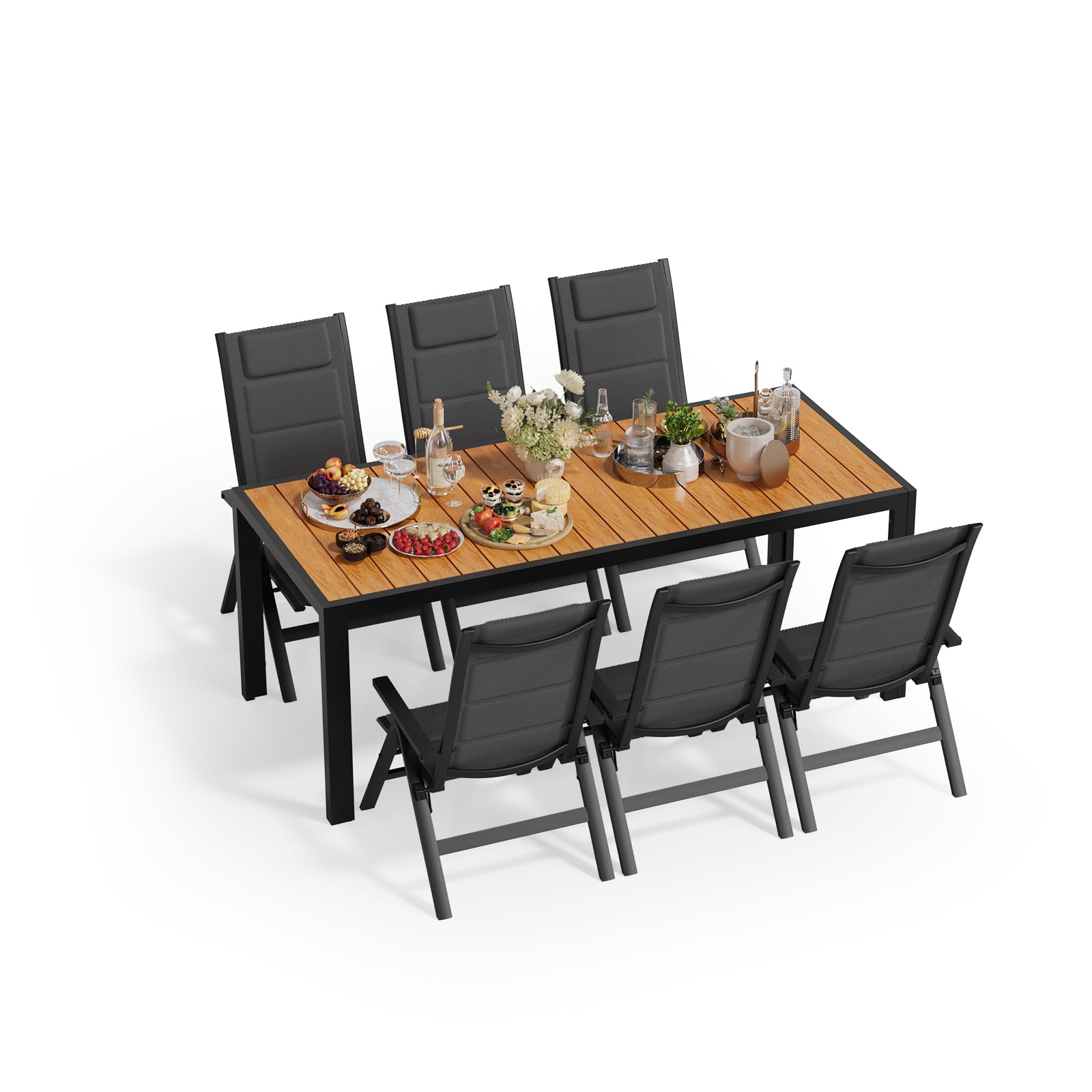 JUMMICO Salon de Jardin Extérieur : 1 Table en Aluminium Imitation Bois + 6 Chaises Longues Pliantes. Solide et Durable. Idéal pour Les Balcons, Les Jardins et Autres Espaces Extérieurs.