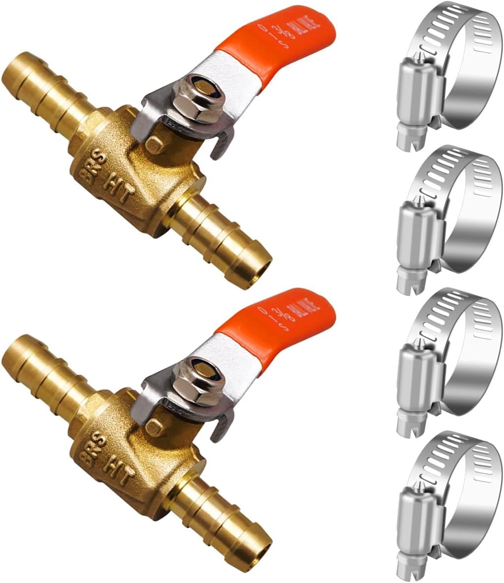 Horiznext 3/8 Inch Brass Mini Shut-Off Ball Valve 2-Pack with Clamps - Fuel Water Hose Gas RV Air Line Barb Valves