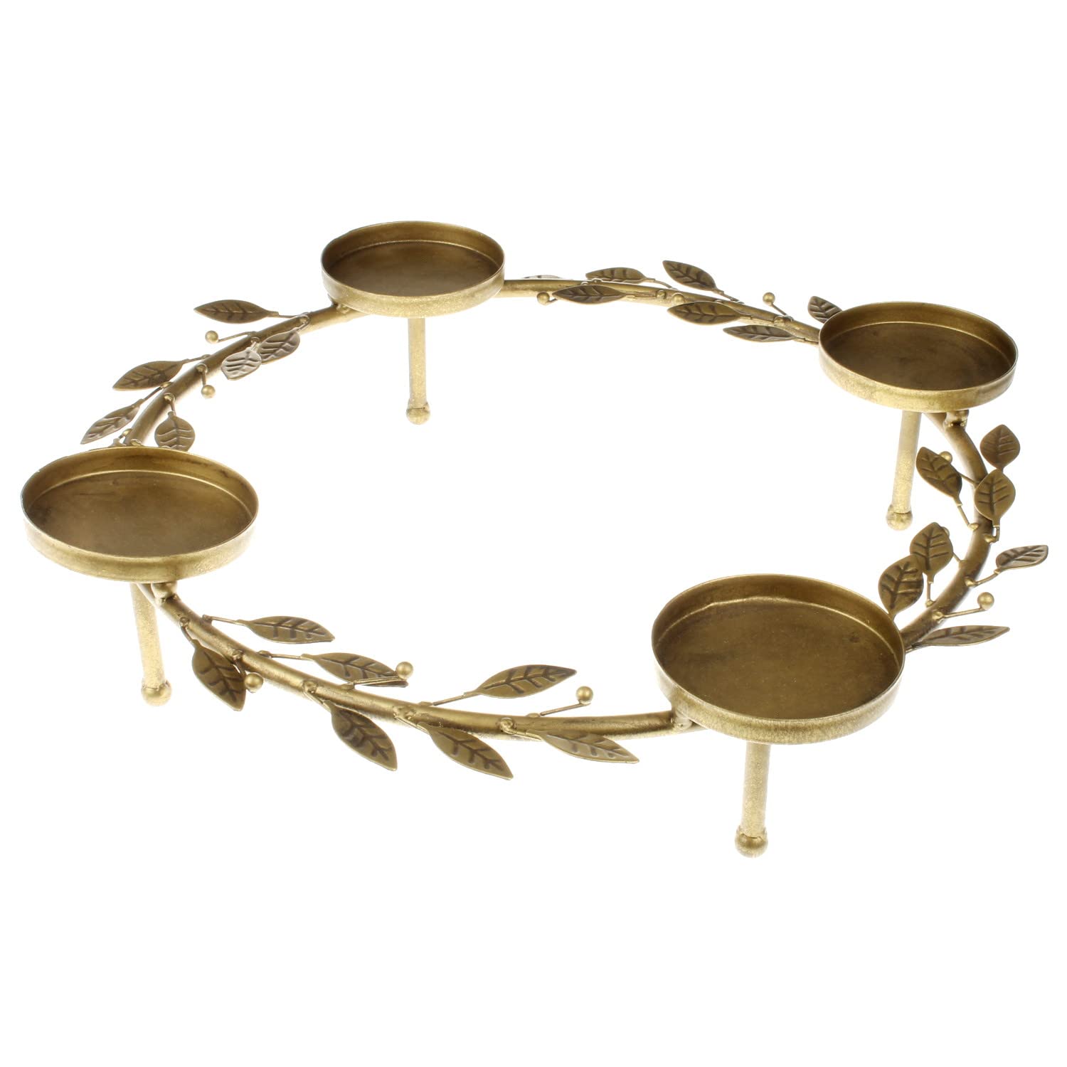 MACOSA SA88892 Adventskranz mit Blätter Gold Ø 40 cm Adventsgesteck 4 Kerzenhalter Tisch-Dekoration Landhaus Advent Weihnachtsdeko Metallkranz Kerzenkranz