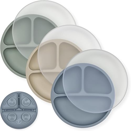 Hippypotamus Platos para niños pequeños con succión, platos para bebés 100% de silicona de grado alimenticio con tapas, aptos para microondas y