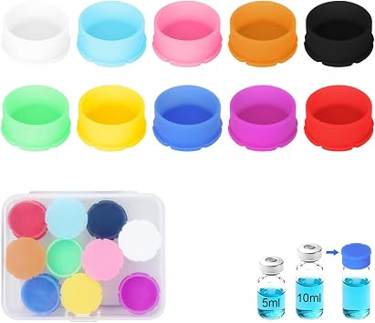 10Pcs 5ml Silicone Peptide Vial Caps, 10 Colors Glass Vial Protective Cover | Leakproof Peptide Storage Caps Fit 5ml-100ml Vials. Reusable, Washable, Features an Easy One-Handed Open Design
