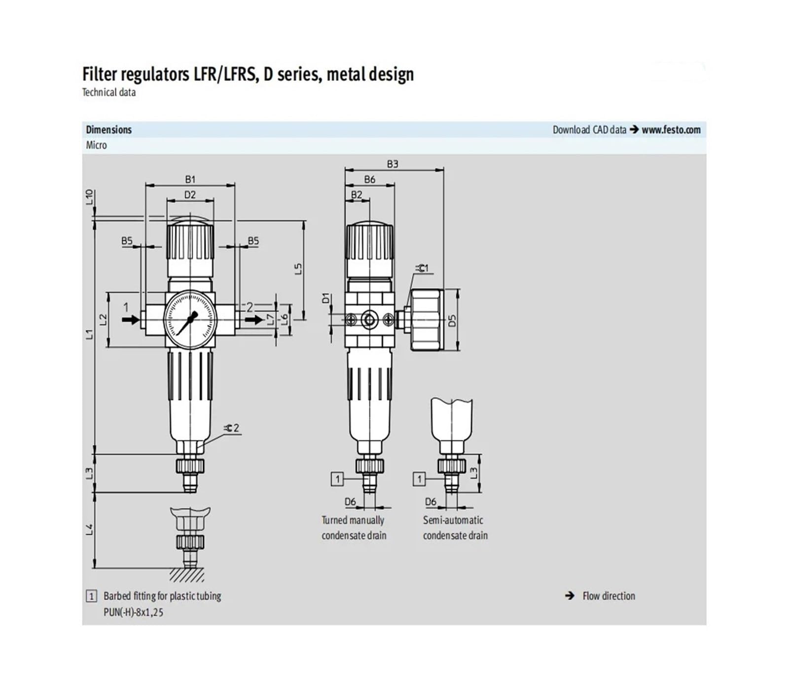 Filterregler LFR-1/4-D-MIDI 186481 3/8 1/2 3/4 automatische/manuelle Entwässerung mit Manometer, Druckbereich 0,5–12 bar(LFR-1-2-D-MIDI)