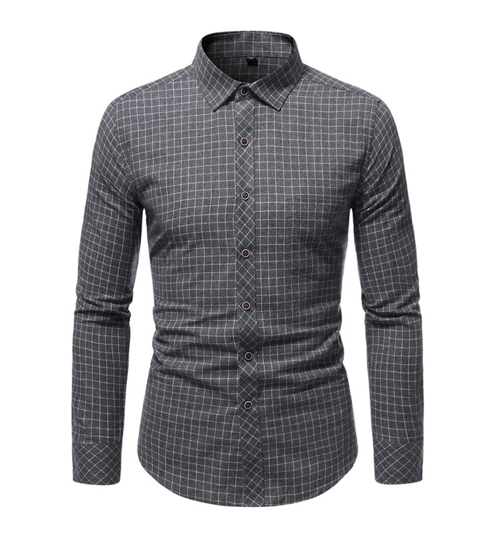 Dninmim Camicia classica classica a maniche lunghe da uomo a righe nere Slim Office Social Button Dress Shirt, Plaid-grigio scuro9, M