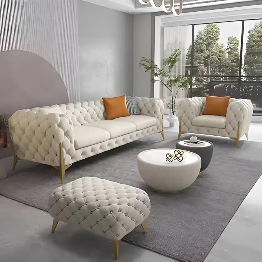 Image of Chesterfield Velvet Upholstery 3-Seater with Armchair and Footrest, Design in 3+1+Footrest Sofa for Living Room, Bedroom, Hallways (Beige)