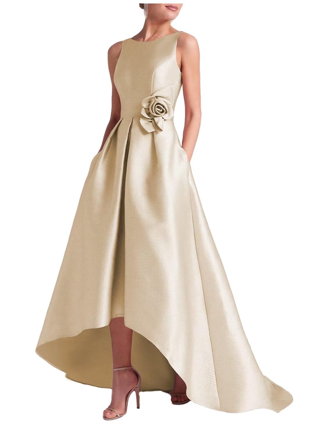 Caodip Womens Hi Low Prom Dress with Pockets Crew Neck A Line Forma Eveningl Dress Elegance Wedding Guest Dress