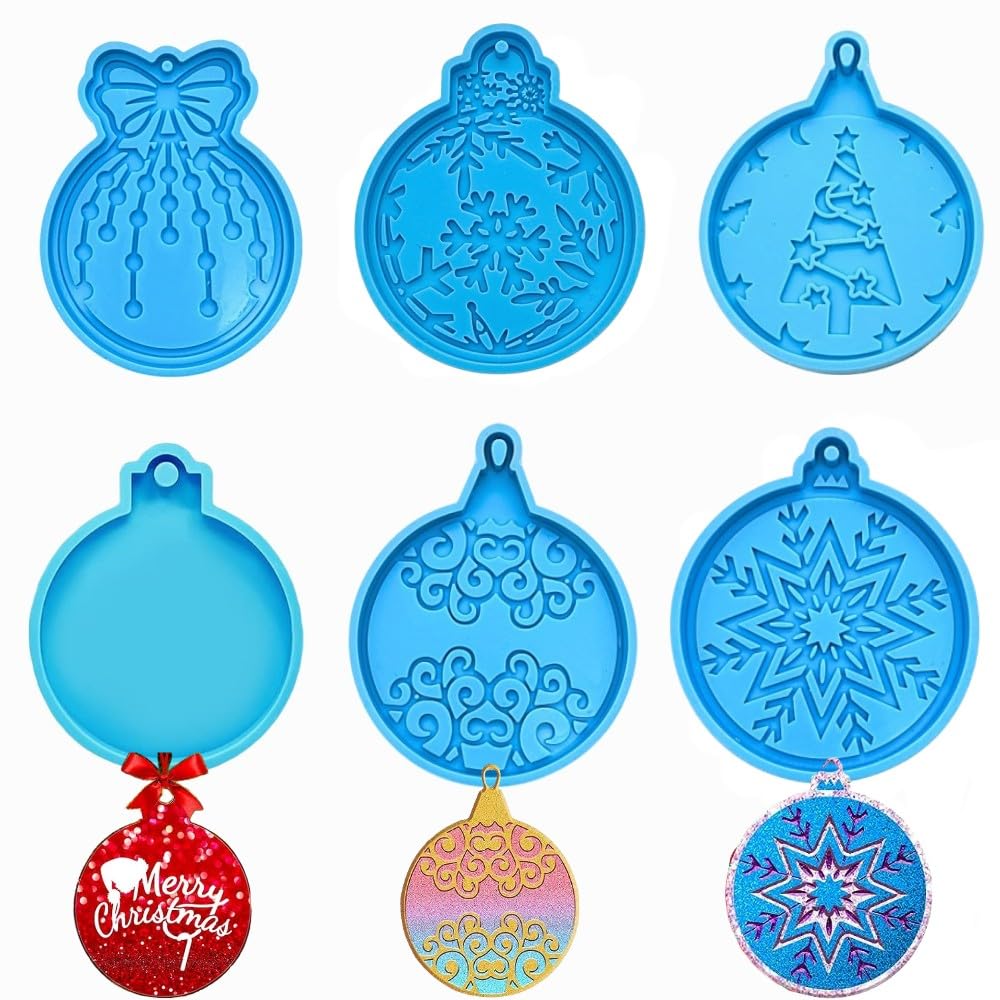 Accfore6 Pack Christmas Resin Mold,Round Christmas Trees Snowflakes Shape Keychain Silicone Ornament Molds Jewelry Making Pendant Clay Molds for DIY Crafts Christmas Decoration