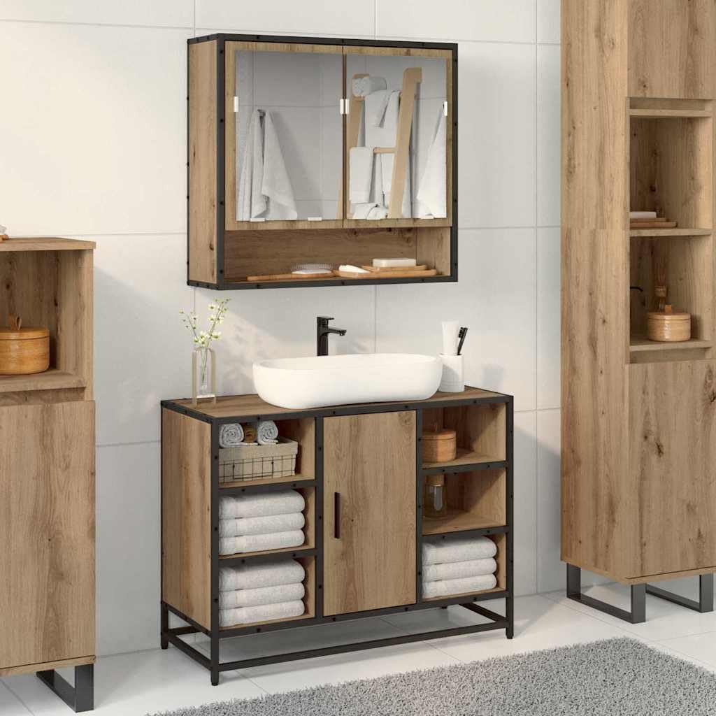 Mensola da parete con specchio e ante in rovere Artisan, 65 x 20