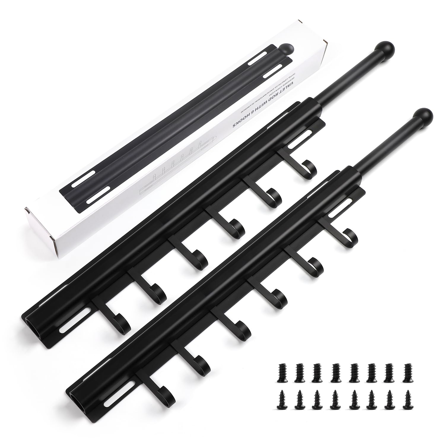 BaiNong Valet Rod for Closets Pull Out 16.5" Black with 6 Hooks (2Pack)