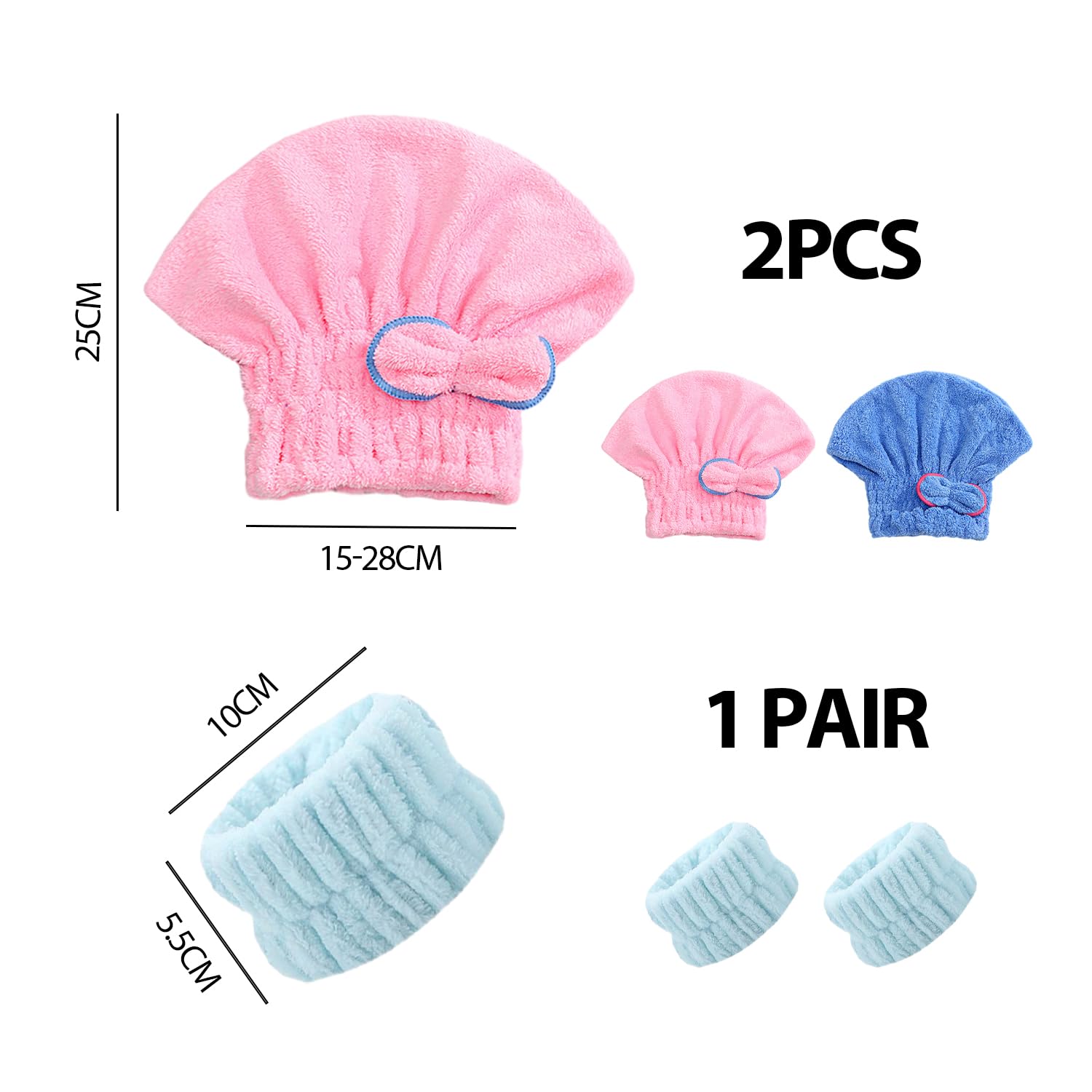 MEMOFYND 2 Asciugamani Per Capelli,2 Polsini Per Il Lavaggio Del Viso,Asciugamano Per Capelli In Microfibra,Cuffia Per Capelli Asciutti,Asciugamano Per Capelli Ad Asciugatura Rapida (Blu, Rosa)