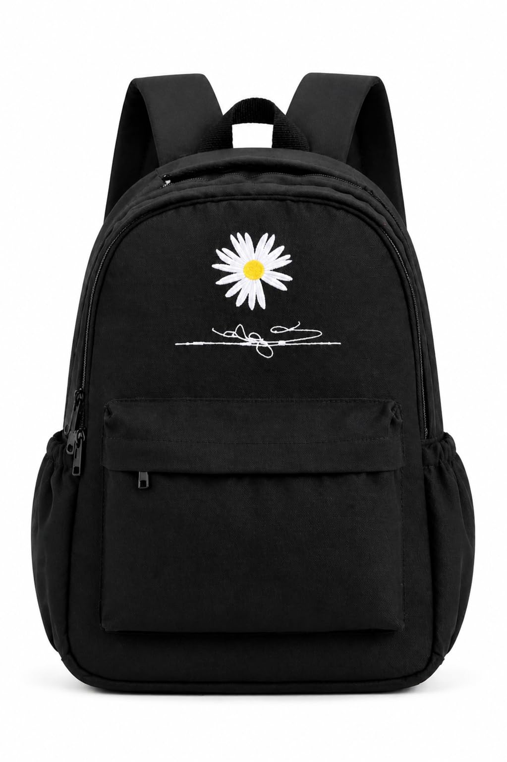 Daisy Embroidered Backpack for Women & Girls, Black Casual College School Bag with Laptop Compartment, Lightweight Travel Backpack with Multiple Pockets & Adjustable Straps-image-6