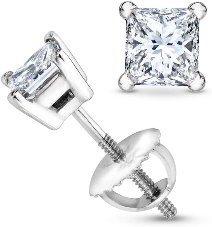 0.5 Carat Solitaire Diamond Stud Earrings for Women Princess Cut 4 Prong Screw Back (J-K Color, I2 Clarity)